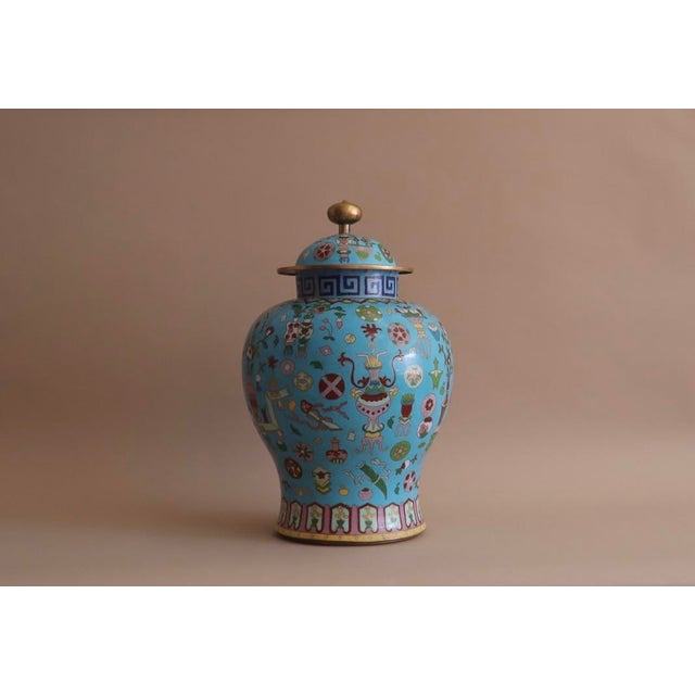 Pair of XL Antique Lidded Cloisonné Ginger Jars For Sale - Image 9 of 12