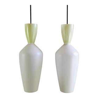 1950s Italian Single-Light White and Green Glass Pendant Lamps - a Pair For Sale