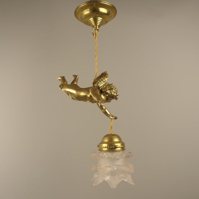 Brass Ceiling Lamp with Putto, France, 1910s For Sale - Image 5 of 10