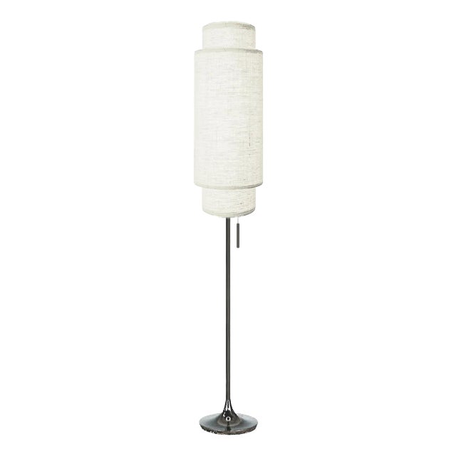Nova of California Mid Century Lollipop Floor Lamp, 1960s - Black Nickel, White Linen Double Shade, on/Off Pull Chain For Sale