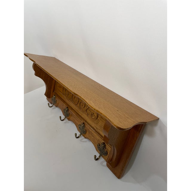 Chestnut Vintage French Tiger Oak 27" Wall Shelf Coat and Hat Rack For Sale - Image 8 of 17