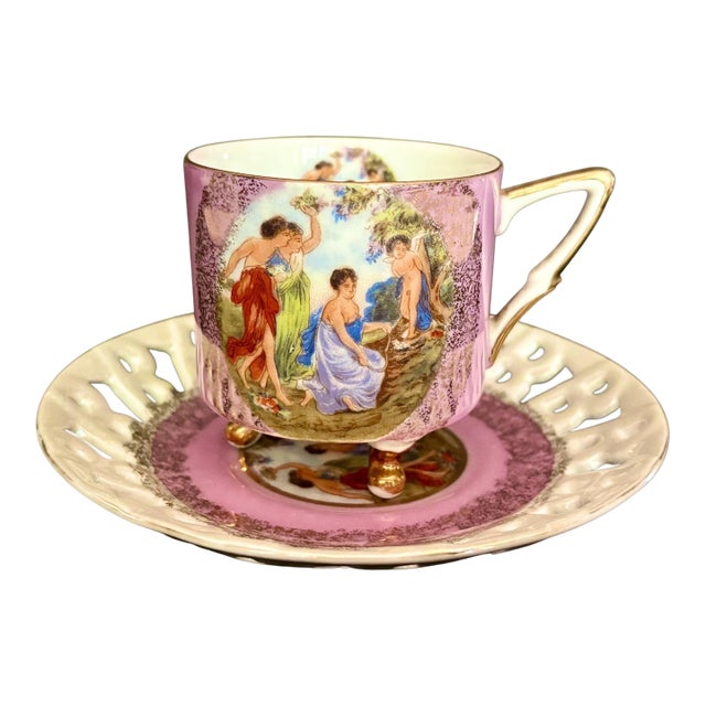 Vintage Royal Halsey Teacup & Saucer: Gilded Pastoral Scene, Reticulated Saucer For Sale