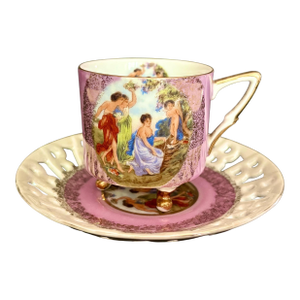 Vintage Royal Halsey Teacup & Saucer: Gilded Pastoral Scene, Reticulated Saucer