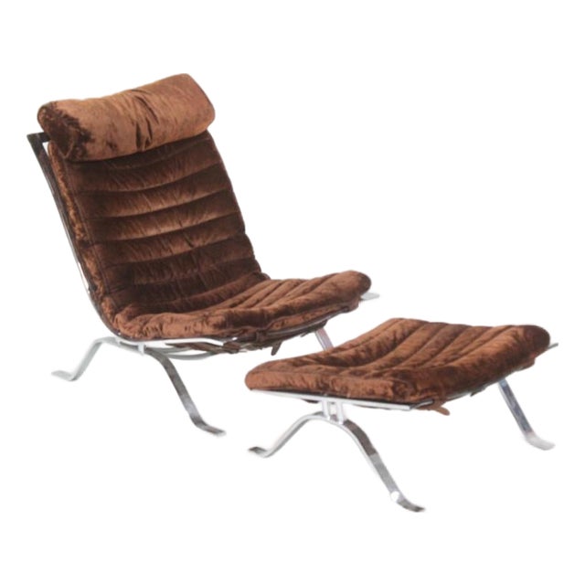1960s Attributed to Arne Norell "Ari" Chrome & Brown Velvet Lounge Chair With Ottoman For Sale