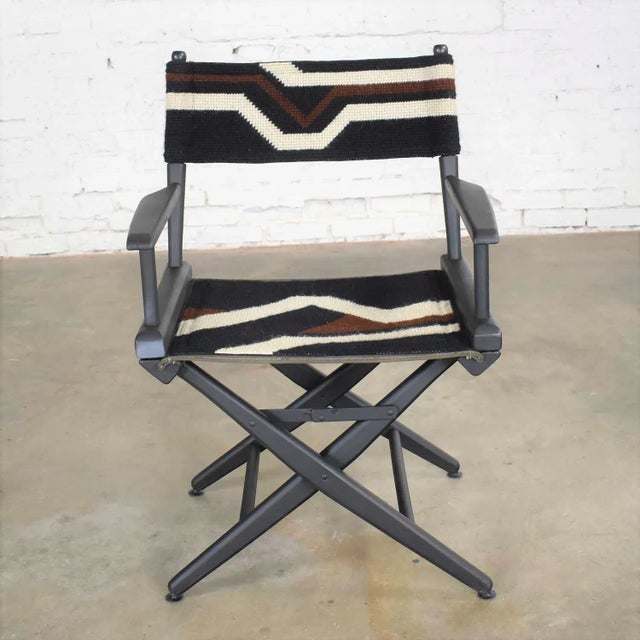 Mid 20th Century Vintage Modern Director’s Chair Folding Black Brown White Geometric Needlepoint For Sale - Image 5 of 13