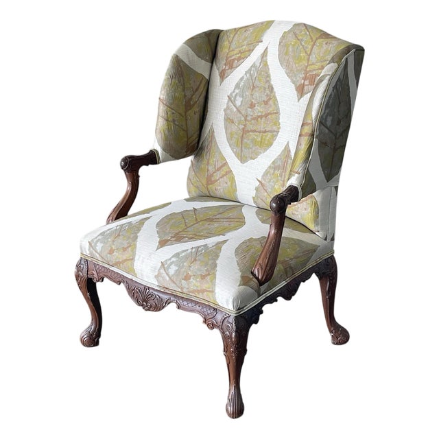 Carved Mahogany Antique Library Chair, Newly Reupholstered For Sale