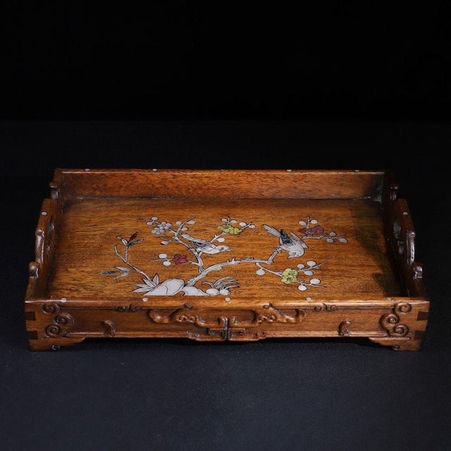Late 20th Century Late 20th Century Zen-Style Huali Wood Handcrafted Tray With Mother-of-Pearl Inlay, Floral & Bird Motif Chinese Decorative Serving Tray For Sale - Image 5 of 10