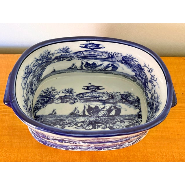 1980s Nautical Blue and White Transferware Foot Bath Planter For Sale - Image 9 of 11