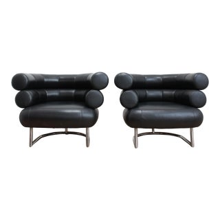 Eileen Gray Bibendum Chairs- Black Leather and Chrome For Sale
