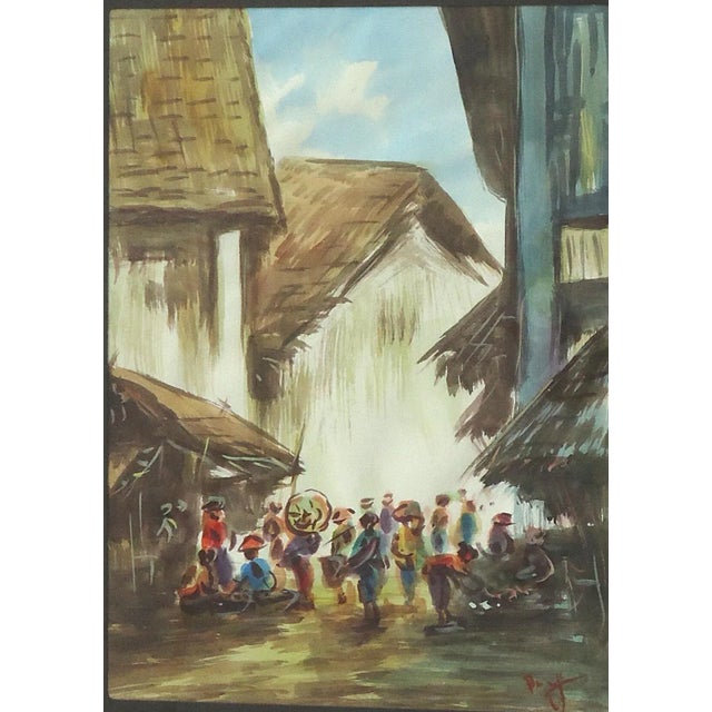 A vintage watercolor painting with subject of people gathering baskets next to a grass hut, not sure where this is from...