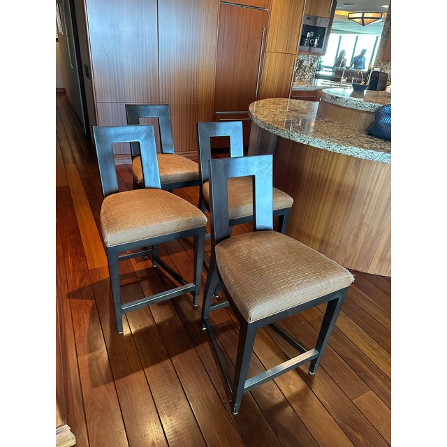 Traditional Transitional Donghia Counter Height Upholstered Stools , Set of 4 For Sale - Image 3 of 8