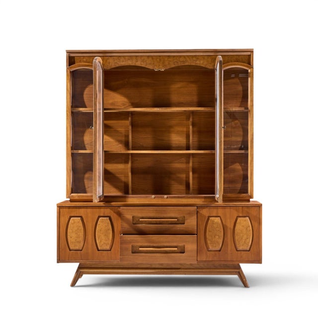 Young Manufacturing Mid Century Walnut and Burlwood Credenza and Hutch For Sale - Image 13 of 13