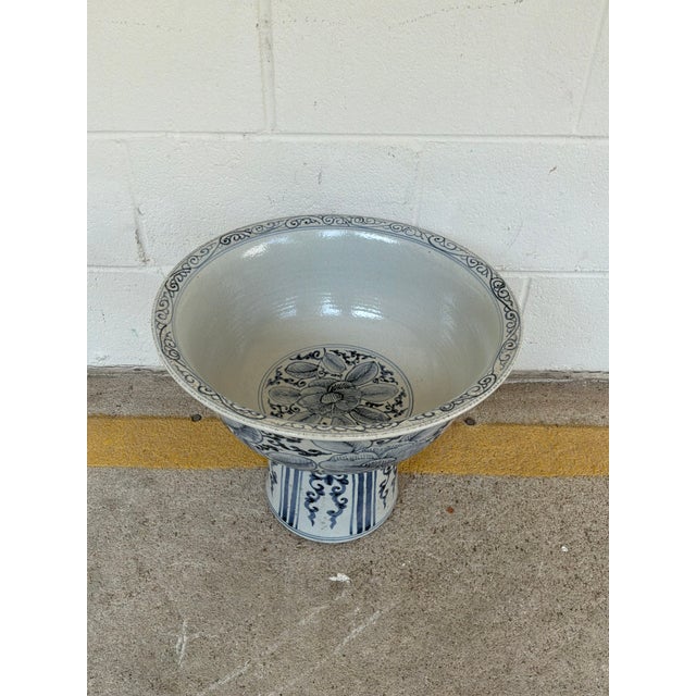 Stylish Currey & Co Ming Offering Pedestal Bowl. Blue decorative design. Original Retail $740. Showroom floor sample.