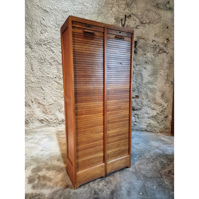 Vintage French Oak Tambour Cabinet, 1960s For Sale - Image 4 of 16