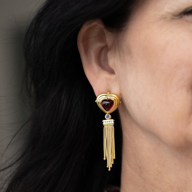 Seidengang 18k Etruscan revival style drop pair of earrings two heart shape cabochon rubellite tourmalines weighing...