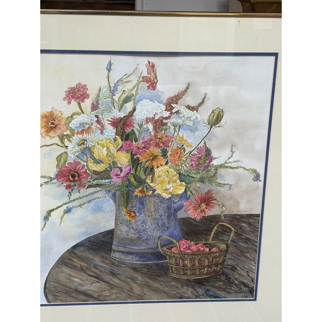 1980s Large Watercolor of Wildflowers and Zinnias in a Watering Can by Dan Suddath For Sale - Image 4 of 8