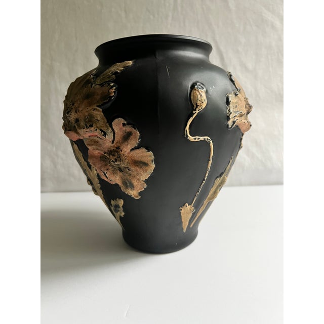 Tiffin Black Amethyst Satin Glass Vase With Coralene Poppies, Circa 1930s For Sale - Image 9 of 12