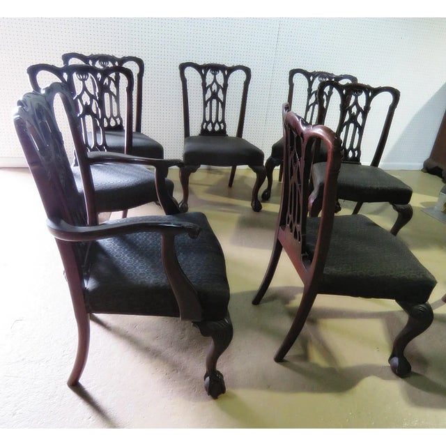 Brown Robust Set 8 English Gothic Chippendale Solid Mahogany Dining Chairs C1890s For Sale - Image 8 of 12