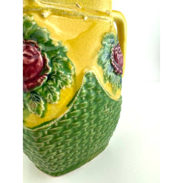 Japanese Vintage Japanese Majolica Style Strawberry Pitcher With Basketweave Base For Sale - Image 3 of 12