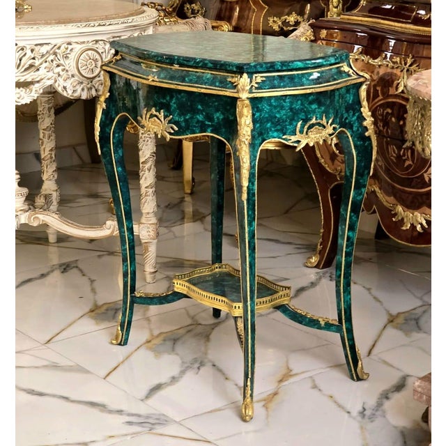 French Green Accent Table With Bronze Ormolu Mounts & Hand-Gilded Details For Sale - Image 3 of 4