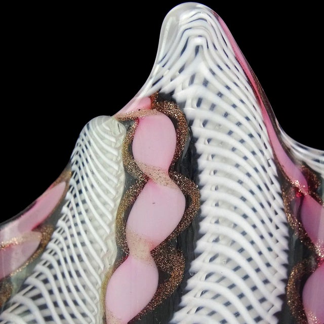 Murano Vintage Pink Aventurine Flecks White Zanfirico Ribbons Italian Art Glass Fazzoletto Handkerchief Vase For Sale In Orlando - Image 6 of 10