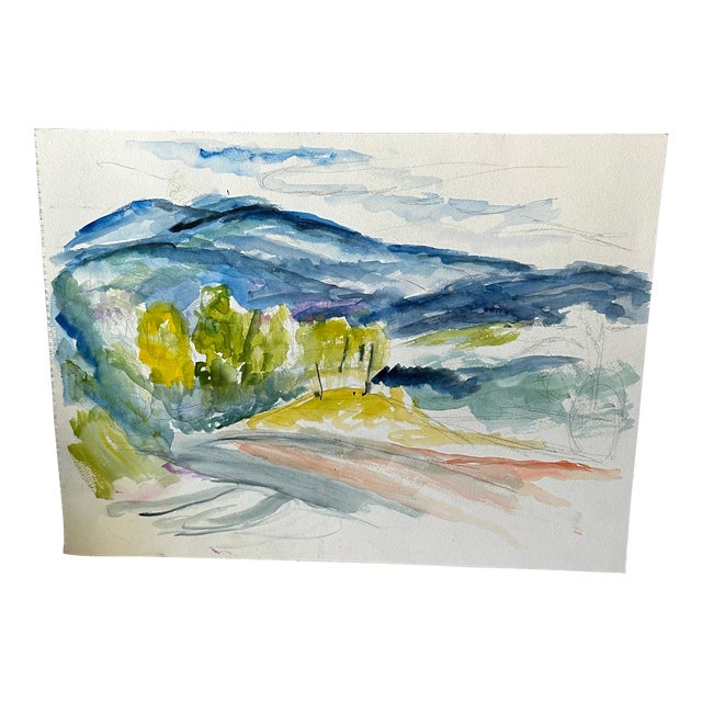 Vintage Landscape Watercolor Painting of Trees and Mountains For Sale