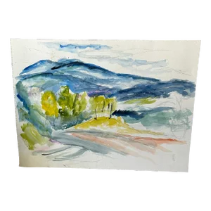 Vintage Landscape Watercolor Painting of Trees and Mountains