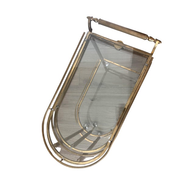 1950s Double Sided 3 Tiered Vintage Rolling Brass/Glass Bar Cart, a Hollywood Regency Classic With Swivel Top and Secure Lock For Sale - Image 5 of 5