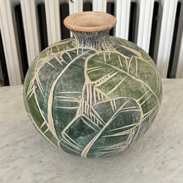 Hollywood Regency Earthenware Pottery Vase With Leaf Design For Sale - Image 3 of 12