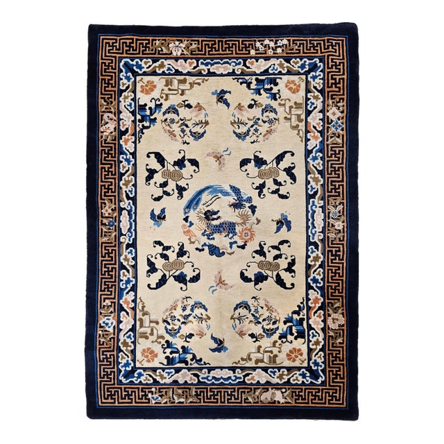 Vintage Chinese Art Deco Area Rug, Hand-Knotted Wool Pile, Ivory Field, 5' X 7' For Sale