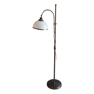 Height-Adjustable Brass Floor Lamp with Opaque White Glass Shade, 1980s For Sale