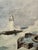 Dramatic original watercolor on paper depicting a lighthouse and harbor battered by large breaking waves, with a small...