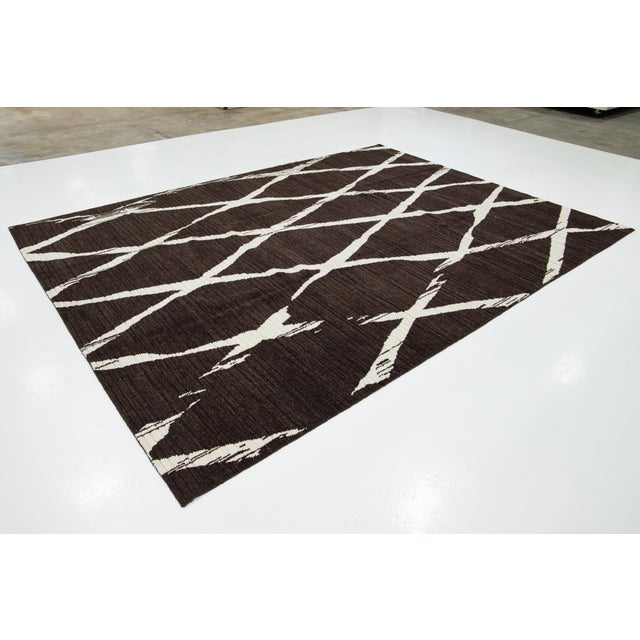 Modern Modern Hand-Woven Brown Wool Rug With Geometric Design For Sale - Image 3 of 11