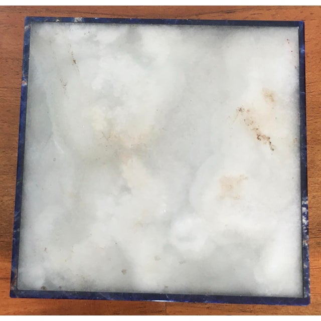 Vintage Lapis Lazuli Semi Precious Stone Box with Hinged Lid white marble or alabaster interior.