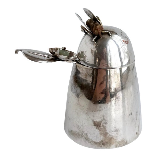 Los Castillo Taxco Mexican Silver Plate Honey Pot With Bee and Floral Spoon For Sale