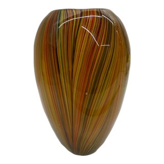 Vintage Murano-Style Orange & Amber Striped Cane Art Glass Vase For Sale