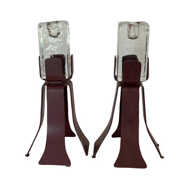 1980s Scandinavian Brutalist–Postmodern Iron & Ice Glass Candle Holders For Sale - Image 4 of 7