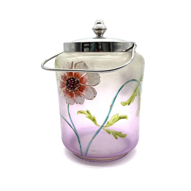 Mauve Antique Art Nouveau Glass Bonbonnière with Floral Decoration, 1900s For Sale - Image 8 of 17