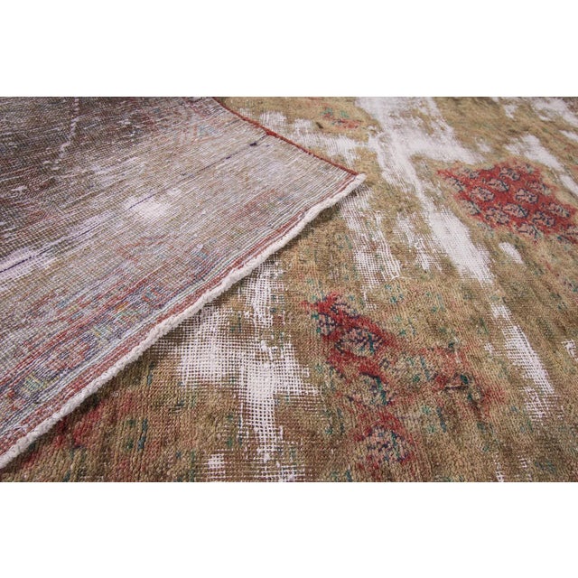 Beautiful Vintage Tabriz Rug hand-knotted wool with a rust field, blue accents in an allover very distressed design. This...
