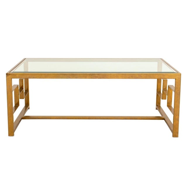 Century Furniture Glass-Topped Brass Cocktail Table, with beveled edge. 19" H x 50" W x 30" D. Provenance: From a Ft. Lee...