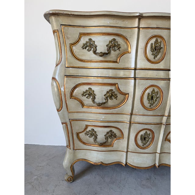 Vintage Louis XV Style Bombe Chest of Drawers in Painted Finish With Ornate Brass Hardware For Sale - Image 9 of 12