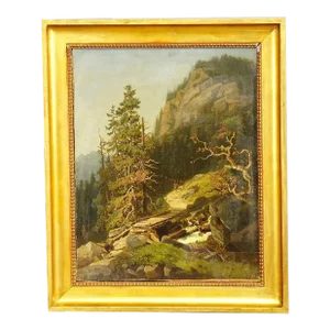 Summerly Mountain Landscape With Hiker on Hiking Trail, 19th Century