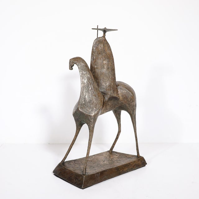 Mid-Century Bronze Signed Gloria Ellies Stylized Horseman Sculpture Edition 4/6 For Sale - Image 4 of 17
