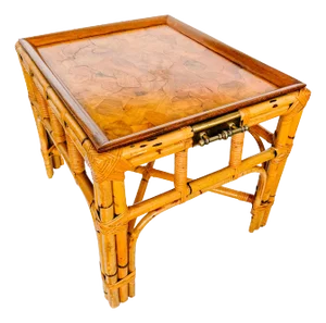 1970s Italian Burnt Bamboo End Table With Brass Handles & Oyster Burl Tray