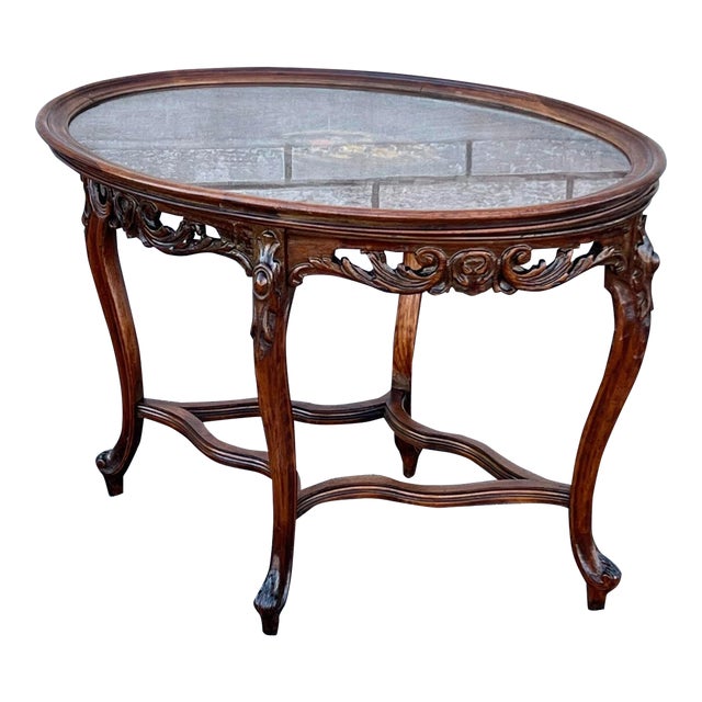 1920 French Walnut Hand Carved Oval Serving Table For Sale