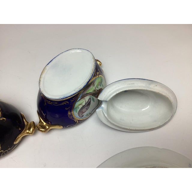 Pair Antique Coalport Porcelain Cobalt With Birds Covered Sauce Tureens With Under Plates For Sale - Image 11 of 12
