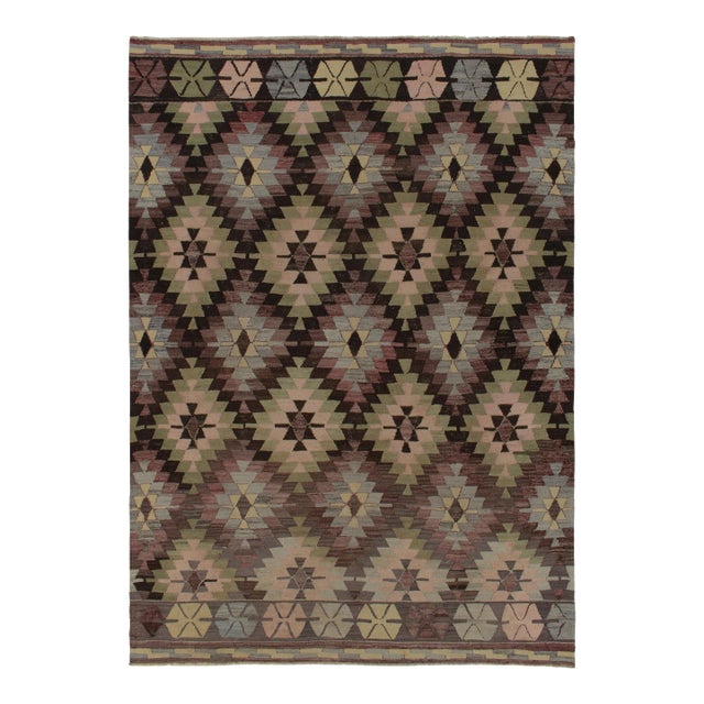 1950s Vintage Tribal Kilim Rug in Light Washed Bordeaux, Green Geometric Pattern For Sale
