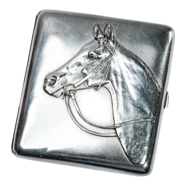 Wonderful High Relief European 800 Antique Silver Horse Equestrian Cigarette Case Tobacciana For Sale
