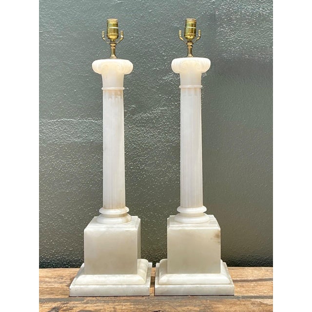 Vintage Alabaster Column Table Lamps - A Pair For Sale - Image 12 of 15