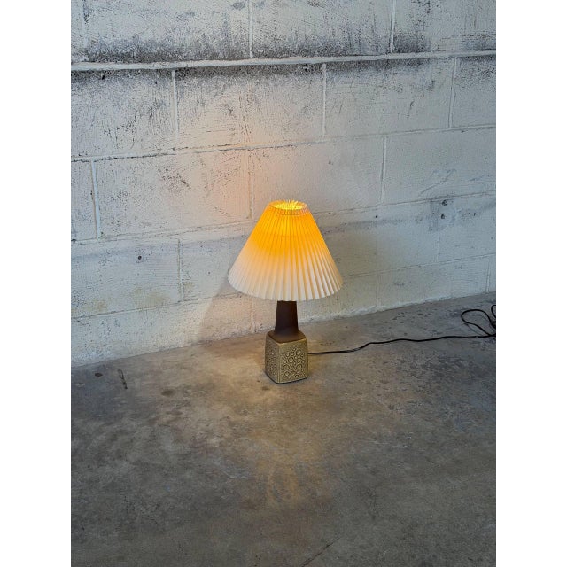 Mid-Century Modern Ceramic Table Lamp With Pleated Paper Shade Danish Mid-Century Modern 1970s For Sale - Image 3 of 10